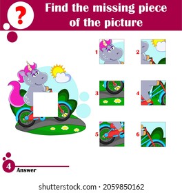Puzzle game. Educational games for children. Find the missing piece of the picture. Cute unicorn rides a bike on the track