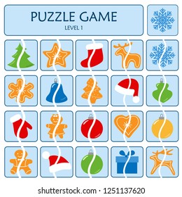 Puzzle game is educational game for preschool kids. Make up the pieces of picture. Set of halves of cards on the Christmas theme for the development of children's logic. Level 1. Vector illustration.
