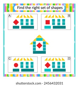 Puzzle game. Find the correct set of cartoon house. Vector illustration. Answer is D.