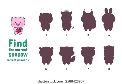 Puzzle game find correct shadow of animal. Cute pig with apple. Childish preschool kindergarten play with different shadows. Educational vector element