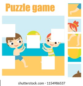 Puzzle game, Find missing part of picture. Educational activity for pre school years kids, toddlers and children. Summer holidays theme