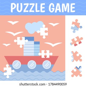Puzzle game: find the right part. Ship at sea. Entertainment for children.