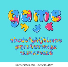 Puzzle Game Font. Funny Playful Bright Alphabet. Kids Funny Mosaic Typography.