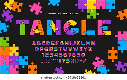 Puzzle game font, quiz type, jigsaw typeface, geometric English alphabet, resembling jigsaw pieces. Vector letters, numbers and signs connect seamlessly, creating vibrant childish cohesive typescript