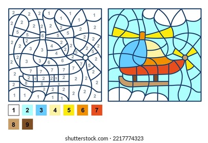 Puzzle game helicopter, color by number sheet for children. Vector coloring page for learning numbers