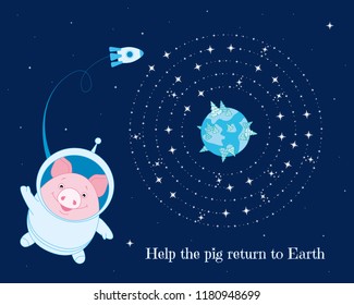 Puzzle game " Help the pig astronaut to reach the Earth." Vector. A riddle for children of preschool and primary school age.