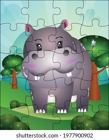 Puzzle game illustration for kids with cute hippo