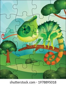 Puzzle game illustration for kids with cute chameleon