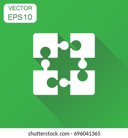 Puzzle game jigsaw icon. Business concept puzzle pictogram. Vector illustration on green background with long shadow.