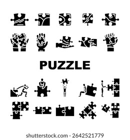 jogo de quebra-cabeça de quebra-cabeça ícones definir vetor. enigma, criptograma de brainteaser, labirinto, anagrama rebus, lógica, tangram jogo de quebra-cabeça quebra-cabeça pictograma de glifo ilustrações