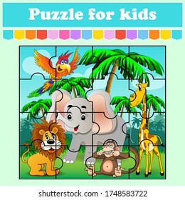 Puzzle game for kids. Animals in the meadow. Education worksheet. Color activity page. Riddle for preschool. Isolated vector illustration. Cartoon style.