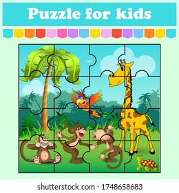Puzzle game for kids. Animals in the meadow. Education worksheet. Color activity page. Riddle for preschool. Isolated vector illustration. Cartoon style.