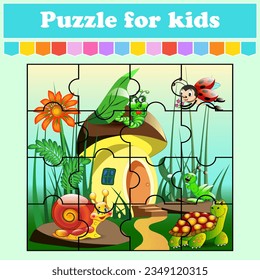 Puzzle game for kids. Animals near the mushroom house. Education worksheet. Color activity page. Riddle for preschool. Isolated vector illustration. Cartoon style.