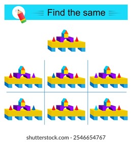 Puzzle game for kids. Attention task. Need to find the same of object. 