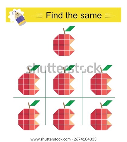 Puzzle game for kids. Attention task. Need to find the same of red apple. Vector illustration.