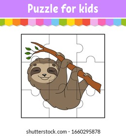 Puzzle game for kids. Brown sloth. Education worksheet. Color activity page. Riddle for preschool. Isolated vector illustration. Cartoon style.