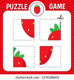 Puzzle game for kids. Cartoon strawberry. Healthy food. Cutting practice. Education developing worksheet. Activity page.