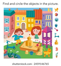 Puzzle game for kids. Children on playground in summer. Sandbox and castle. Cartoon illustration. Vector illustration. 