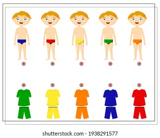 A puzzle game for kids. Color training that matches the colors of the clothes. clothing for boys in different colors. Vector isolated on a white background
