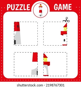 Puzzle game for kids. Cut and glue lighthouse. Cutting practice.  Education developing worksheet. Activity page.