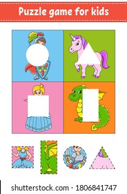Puzzle-Spiel für Kinder. Schneiden und Einfügen. Zerlegen der Praxis. Lernformen. Unterrichtsblatt. Kreis, Quadrat, Rechteck, Dreieck. Aktivitätsseite.Cartoon-Zeichen.