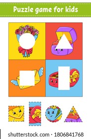 Puzzle game for kids. Cut and paste. Cutting practice. Learning shapes. Education worksheet. Valentine's Day. Circle, square, rectangle, triangle. Activity page.Cartoon character.