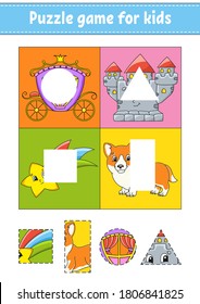 Puzzle game for kids. Cut and paste. Cutting practice. Learning shapes. Education worksheet. Circle, square, rectangle, triangle. Activity page.Cartoon character.