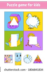 Puzzle game for kids. Cut and paste. Cutting practice. Learning shapes. Education worksheet. Valentine's Day. Circle, square, rectangle, triangle. Activity page.Cartoon character.