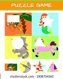 Puzzle game for kids. Cut and paste. Educational activity worksheet. Circle, star, rectangle, triangle. Cutting practice