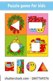 Puzzle game for kids. Cut and paste. Christmas theme. Cutting practice. Learning shapes. Education worksheet. Circle, square, rectangle, triangle. Activity page. Cartoon character.