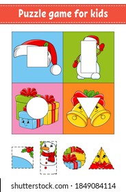 Puzzle game for kids. Cut and paste. Christmas theme. Cutting practice. Learning shapes. Education worksheet. Circle, square, rectangle, triangle. Activity page. Cartoon character.