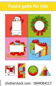 Puzzle game for kids. Cut and paste. Christmas theme. Cutting practice. Learning shapes. Education worksheet. Circle, square, rectangle, triangle. Activity page. Cartoon character.