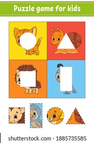 Puzzle game for kids. Cut and paste. Cutting practice. Learning shapes. Education worksheet. Circle, square, rectangle, triangle. Activity page. Cartoon character.