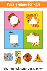 Juego de rompecabezas para los niños. Corta y pega. Cortando la práctica. Aprender formas. Hoja de trabajo de educación. Círculo, cuadrado, rectángulo, triángulo. Actividad. Caricatura.