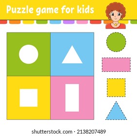 Puzzle game for kids. Cut and paste. Cutting practice. Learning shapes. Education worksheet. Circle, square, rectangle, triangle. Activity page. Cartoon character.