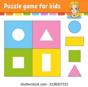 Puzzle game for kids. Cut and paste. Cutting practice. Learning shapes. Education worksheet. Circle, square, rectangle, triangle. Activity page. Cartoon character.