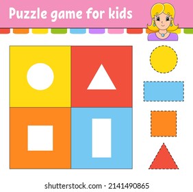 Puzzle game for kids. Cut and paste. Cutting practice. Learning shapes. Education worksheet. Circle, square, rectangle, triangle. Activity page. Cartoon character.