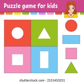 Puzzle game for kids. Cut and paste. Cutting practice. Learning shapes. Education worksheet. Circle, square, rectangle, triangle. Activity page. Cartoon character.