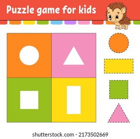 Puzzle game for kids. Cut and paste. Cutting practice. Learning shapes. Education worksheet. Circle, square, rectangle, triangle. Activity page. Cartoon character.