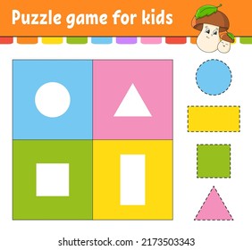 Puzzle game for kids. Cut and paste. Cutting practice. Learning shapes. Education worksheet. Circle, square, rectangle, triangle. Activity page. Cartoon character.