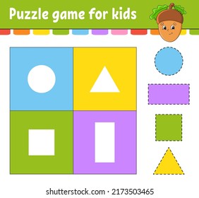 Puzzle game for kids. Cut and paste. Cutting practice. Learning shapes. Education worksheet. Circle, square, rectangle, triangle. Activity page. Cartoon character.