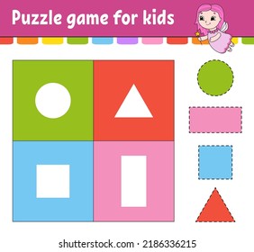 Puzzle game for kids. Cut and paste. Cutting practice. Learning shapes. Education worksheet. Circle, square, rectangle, triangle. Activity page. Cartoon character.