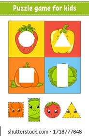 Puzzle game for kids. Cutting practice. Fruits and vegetables. Education developing worksheet. Activity page.Cartoon character.