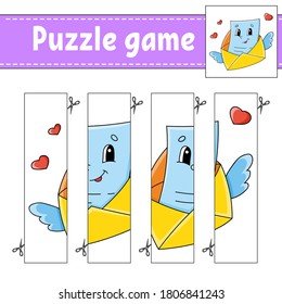 Puzzle game for kids. Cutting practice. Education developing worksheet. Activity page.Cartoon character.