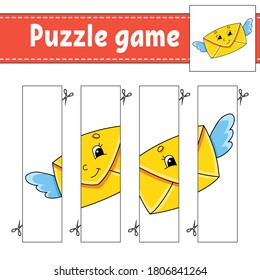 Puzzle game for kids. Cutting practice. Education developing worksheet. Activity page.Cartoon character.