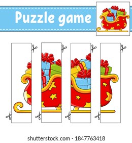 Puzzle game for kids. Cutting practice. Christmas theme. Education developing worksheet. Activity page. Cartoon character.