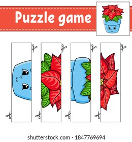 Puzzle game for kids. Cutting practice. Christmas theme. Education developing worksheet. Activity page. Cartoon character.