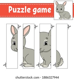 Puzzle game for kids. Cutting practice. Education developing worksheet. Activity page. Cartoon character.