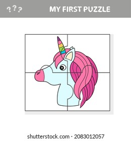 Puzzle game for kids. Cutting practice. Education developing worksheet with Unicorn. Activity page. Cartoon character.