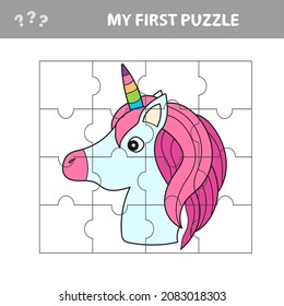 Puzzle game for kids. Cutting practice. Education developing worksheet with Unicorn. Activity page. Cartoon character.